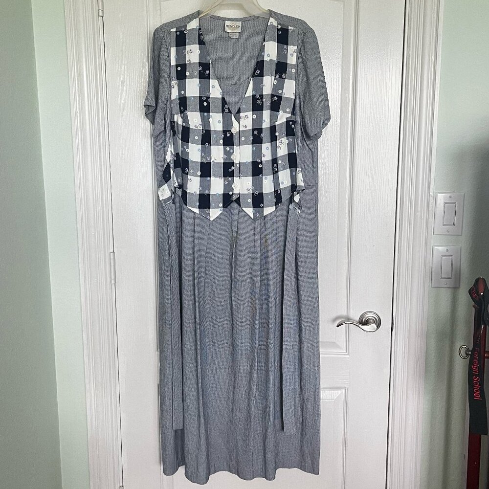 Vintage JR Bently Dress w/ Attached Tie-in-the-back Blue Checkered Vest, Size 12